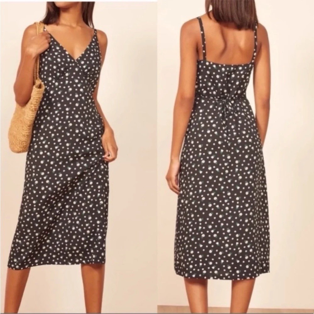 REFORMATION Daisy Floral Slip Midi Dress V-neck Black White Tie Back XL